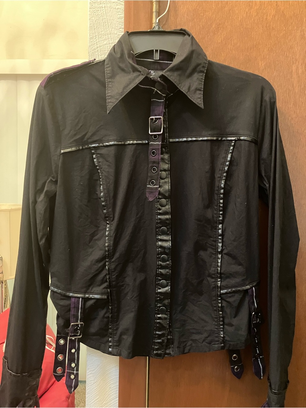 Lip Service Black with Purple Trim Gothic Button-Front vintage shirt